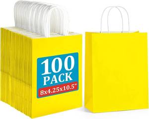 lot 121357 image: BagDream 8x4.25x10.5 Inch 100Pcs Yellow Gift Bags Medium, Kraft Paper Bags with Handles Bulk for Welcome Party Favors, Baby Shower, Goody, Treat, Retail, Grocery Paper Sacks
