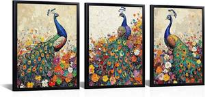 lot 121391 image: seteuret Peacock Wall Art, Peacock Feathers Vintage Wall Decor - Teal and Blue Animal Posters for Bathroom Living Room Bedroom,12x16, 3Pcs