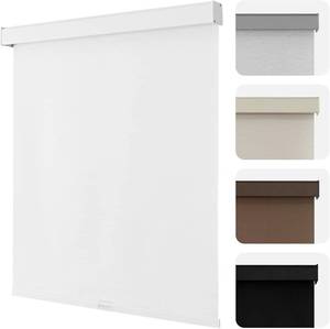 lot 221342 image: Joydeco 100% Blackout Roller Shades Cordless Blinds for Windows, Free-Stop Shades, UV Protection, Natural Woven Blinds for Home and Office, Light-Proof Aluminum Cover (46 W x 75 H, White)
