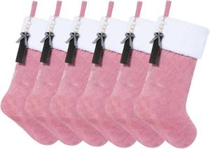 lot 221366 image: Pink Velvet Quilted Personalized Christmas Stocking,19.5 Inch Fireplace Hanging Stockings with Blank Wooden Tags DIY Name,Family Holiday Decorations and Xmas Gift- 6Pcs