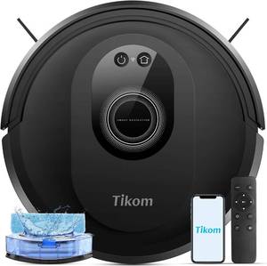 lot 321221 image: Retails for $114 Tikom Robot Vacuum and Mop Combo, 5000Pa Robotic Vacuum Cleaner, 150 Min Max, App & Remote Control, Ideal for Hard Floor, Carpet, Pet Hair, Self-Charge(G8000 Max)
