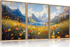 lot 321233 image: HOURIA Spring Boho Vibrant Watercolor Wildflower & Snowy Mountain Framed Canvas Wall Art Set,Colorful Floral Landscape Decor,Modern Natural Field Scenery Artwork for Living Room,Bedroom,Farmhouse-16x24x3