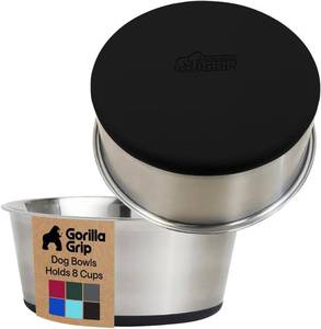 lot 321244 image: GORILLA GRIP Dog Bowls, Food Grade 304 Stainless Steel, Holds 8 Cups Each (64 fl oz) Food and Water Bowl for Feeding Dogs and Cats, Dishwasher Safe, Rust Resistant, BPA Free Rubber Base Set of 2 Black