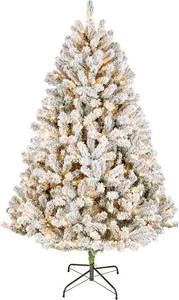 lot 421320 image: Retails for $139 National Tree Company 6 ft Pre-Lit Flocked Acacia Artificial Christmas Tree, 300 Clear Lights, 840 Branch Tips, Includes Stand, Green