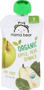 lot 421328 image: Amazon Brand - Mama Bear Organic Baby Food Pouch, Stage 2, Apple, Pear, Spinach, 4 ounce (Pack of 12) Pouch