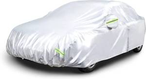 lot 421340 image: Amazon Basics Silver Weatherproof Car Cover, 150D Oxford, UV Protection, Snow Protection, Dustproof for Sedans up to 200, with Door Zipper