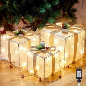 lot 421347 image: 3 Pieces Lighted Gift Boxes Christmas Decorations, 12in 10in 8in with 60 Pre-Strung Mini String Lights, Foldable Light up Present Boxes for Indoor Outdoor Holiday Party Christmas Yard Home Art Decor