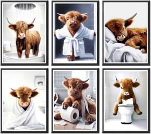 lot 421349 image: 6Pcs Highland Cow Funny Wall Art - Brown Cattle in Bathtub Canvas Posters Prints - Vintage Humor Animal Pictures for Farmhouse Kids Bathroom Decoration - Unframed