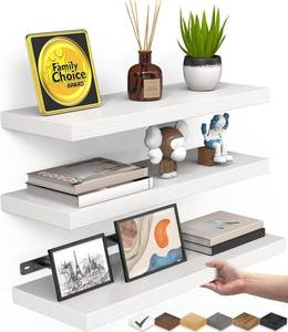 lot 421354 image: BAYKA White Floating Shelves for Wall   Rustic Wood Wall Shelves with Metal Brackets for Bathroom, Bedroom, Kitchen, or Living Room Decor Organization   Set of 3, Sturdy Storage with 22lb Capacity
