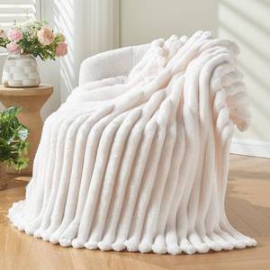 lot 421365 image: NEWCOSPLAY Super Soft Throw Blanket Ivory Premium Silky Flannel Fleece 3D Ribbed Jacquard Lightweight Bed Blanket All Season Use (Ivory Ribbed, Throw(50x60))