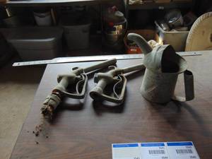 lot 3541 image: Pair of Gas Pump Handles and Galvanized Oil Pour can