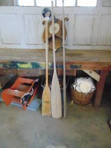 lot 3553 image: 3 Wooden Paddles - 1 Feather Craft