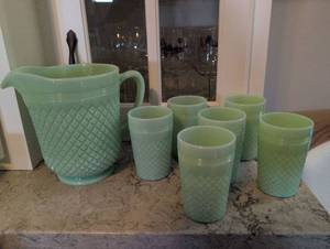 Fire King Jadeite Diamond Pattern Pitcher and Tumbler Set