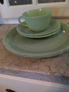lot 844 image: Fire King Jadeite Jane Ray Cup and Saucer Set