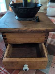 lot 896 image: Cast Iron Coffee Grinder with Wooden Base