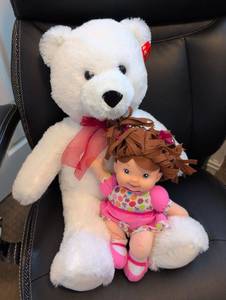 lot 918 image: White Teddy Bear with Baby Doll Bundle