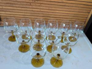 lot 937 image: Japanese MCM Clear Glass Wine Goblets with Gold Stems - Set of 12