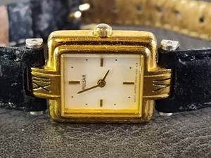 lot 2057 image: Pulsar Gold-Tone Square Watch with Black Leather Band (Works)