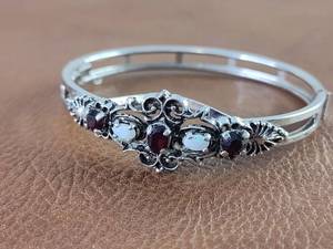 lot 2097 image: Silver-Toned Opal and Garnet Bangle Bracelet with Open Clasp
