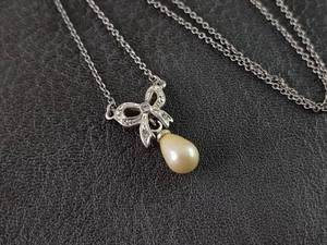 lot 2136 image: Pearl Drop Bow Necklace with Crystal Accents