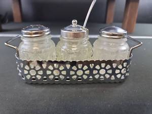 lot 2465 image: Glass Condiment Set with Chrome Holder