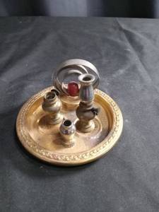 lot 2696 image: Brass Puja Aarti Thali Salt & Pepper  Set with Oil Lamps