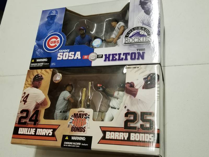 lot 1062 image: Willie Mays & Barry Bonds 660 Home Run McFarlane 2-Pack Figure w Sammy Sosa & Todd Helton New