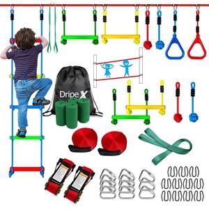 Dripex Ninja Warrior Obstacle Course for Kids, 2Ã50ft Slack Lines for Backyard with 8 Ninja Accessories - Monkey Bar, Rope Ladder, Gymnastic Ring, Arm Trainer and Monkey Fist - Retail: $120