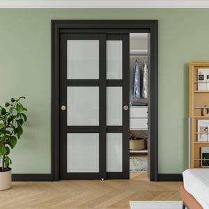 48\" x 80\" Sliding Closet Door, Black 3-Lite Frosted Tempered Glass Bypass Door Panel with Hardware Track Kit & Floor Guide, Solid Wood Slab Pre-Assembled with PVC Surface, Silver Round Handle - Retail: $279