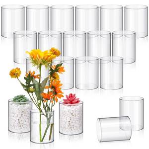 lot 3400 image: Vesici 20 Pcs Plastic Cylinder Vase Acrylic Cylinder Vase Bulk Small Clear Flower Container Hurricane Candle Holder Round Wide Container Centerpiece for Home Office Wedding Decorations (4 Inch)
