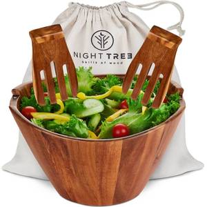lot 3418 image: Night Tree Large wooden salad bowl with serving forks mixing, wood salad bowl set for food or fruits, magnetic utensils fit for 6��8 servings, ideal to family meals or as a unique gift