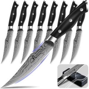 lot 3421 image: CoquusAid Steak Knives Set of 8, 4.8 Inch Straight Edge Ultra Sharp Durable Meat knives with Rest, High Carbon Stainless Steel Damascus Pattern Triple Rivet Handle, Ideal for Home Restaurant Party