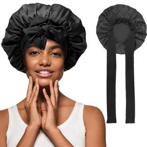 lot 4012 image: Satin Hair Bonnet Wide Band - Silk Like Sleeping Bonnets for Curly Hair Hair Wrap for Night Cap with Tie Band Breathable Satin Bonnet for Women and Girls (Black)