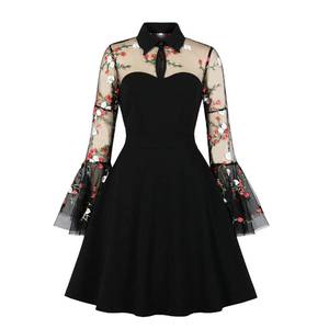 lot 4014 image: Women Keyhole Front Mesh Fare Sleeve Vintage Cocktail Swing Dress Peter Pan Collar 50s 60s Pleated A-line Rockabilly Prom Dress Wedding Party Short 1950s Retro Floral Casual Midi Dress Embroidered 3XL