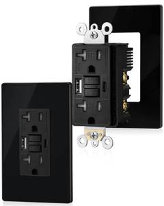 lot 4024 image: SURAIELEC 20 Amp GFCI Outlet with USB Ports, Self-Test GFCI Combination with USB-C & USB-A, Tamper-Resistant Ground Fault Circuit Interrupter, Screwless Wall Plate Included, ETL Listed, Black, 2-Pack