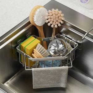 lot 4413 image: Corner Sink Organizer, Silver Stainless Steel Sponge Holder with Towel Bar, Self-Adhesive Kitchen Storage Rack