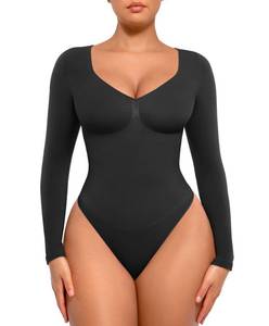 lot 4427 image: FeelinGirl Thong Bodysuits for Women Long Sleeve V Neck Shaping Tops Slimming Body Suits Tummy Control Black L