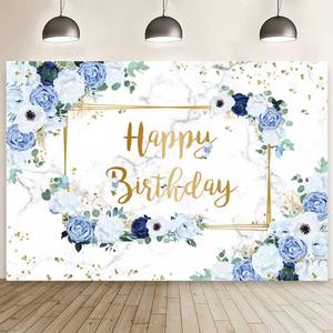 lot 4430 image: MEHOFOND 7x5ft Happy Birthday Backdrop Blue and White Flowers Bday Photography Background Girls Geometric Gold Glitter Dots Birthday Floral Party Decorations Cake Smash Decor Studio Photo Props