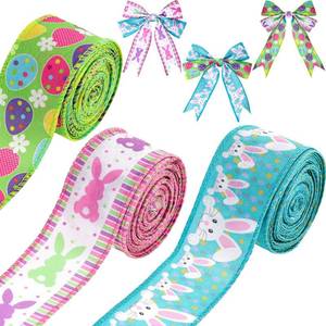 lot 4469 image: Juinte Easter Decorative Wired Ribbons 3 Rolls 20 Yards Bunny Egg Wired Edge Polyester Ribbon DIY Assorted Fabric Ribbons for Wreaths, Present Wrapping, Bow Decoration