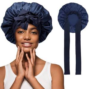 lot 4494 image: Satin Hair Bonnet Wide Band - Silk Like Sleeping Bonnets for Curly Hair Hair Wrap for Night Cap with Tie Band Breathable Satin Bonnet for Women and Girls (Navy)