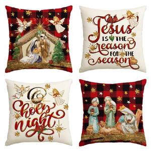 lot 4500 image: AVOIN colorlife Christmas O Holy Night Jesus Cardinal Buffalo Plaid Throw Pillow Covers, 18 x 18 Inch Christmas Saying Winter Holiday Cushion Case Decoration for Sofa Couch Set of 4