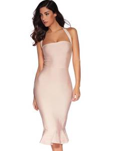 lot 4501 image: Womens Halter Fishtail Bandage Party Dress Elegant Wedding Guest Dress(Baby Beige,L)