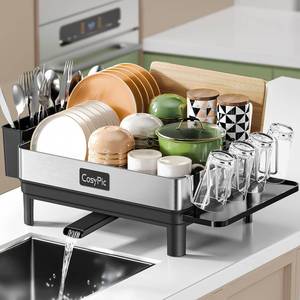 lot 5414 image: CosyPic Dish Racks, Thicker Premium 304 Stainless Steel Dish Drying Rack for Kitchen Counter, Automatic Drainage Spout, Dish Drainer & Drainboard Set with Utensil Holder and Cup Holder, Black