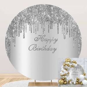 lot 5416 image: OERJU 7.5x7.5ft Silver Birthday Round Backdrop Luxurious Drippy Glistering Silver Photography Background Circle Backdrop Cover for Girls Women Birthday Party Decorations Photo Booth Props