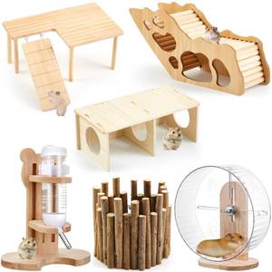lot 5422 image: Sonwyoung 6 Pcs Hamster Toys Set, Maze Wood House, Climbing Ladder Wooden Bridge Tunnel Toy Platform Silent Exercise Running Wheels and Water Bottle Set for Rat Guinea Pig Habitat Cage(Basic)