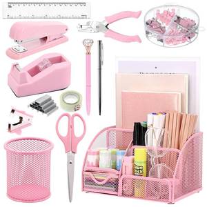 lot 5436 image: SYMDROMIA 13-in-1 Office Desk Organizer Set with Stapler and Tape Dispenser, Pen Holder, Scissors, Ruler, Hole Punch, 2 Pens & More Desktop Accessories for Back to School Supplies (Pink)