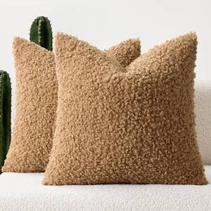 lot 5450 image: Woaboy Faux Fur Throw Pillow Covers 20x20 Inch Set of 2 Boucle Neutral Decorative Sherpa Fuzzy Accent Soft Sheepskin Fleece Cushions Modern Home Decor for Couch Sofa Bedroom Living Room,Light Brown