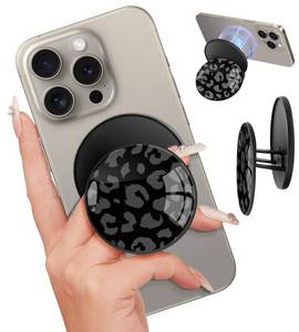 lot 6003 image: Kidcube Magnetic Phone Grip Compatible with Magsafe - Cell Phone Grip Stand Magnetic Ring Holder Finger Kickstand for iPhone 17 16 15 14 13 12 Series Magnet Removable Accessories Cute Black Leopard