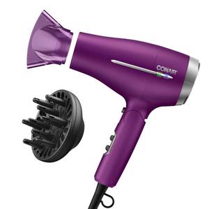 lot 6314 image: Conair Worldwide Folding Handle Hair Dryer with Concentrator & Diffuser, 1875W Travel Blow Dryer with Smart Voltage Technology, Ionic Conditioning Fights Frizz, 3 Heat & 2 Speed Settings, Purple