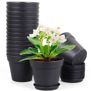 lot 6316 image: Meowell 4 inch Small Plastic Nursery Pots, 16 Pack Plant Pots for Indoor Outdoor Plants, Flower Pots with Drainage Holes and Saucers, Decorative Seedling Starter Planters for House Plants, Black